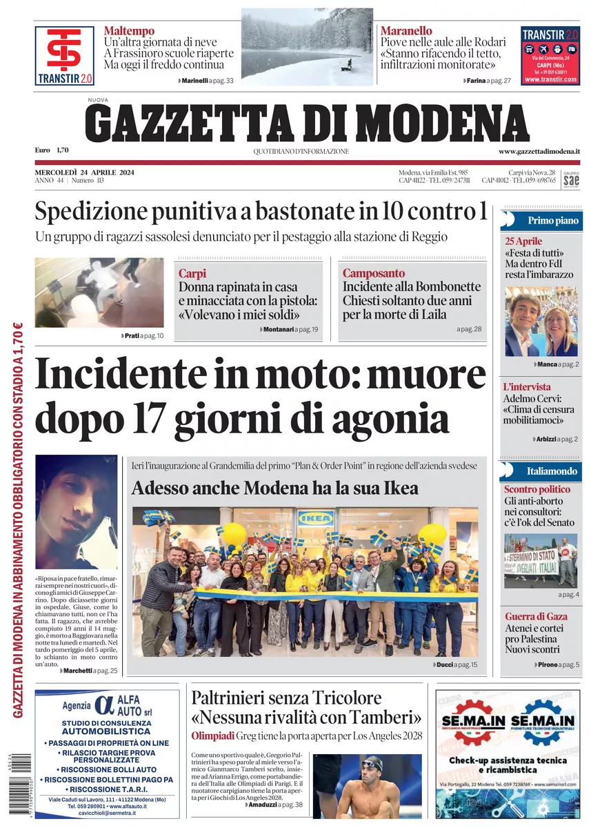 Prima-pagina-gazzetta di modena-oggi-edizione-del-2024-04-24